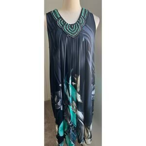 STUDIO I Floral Turquoise Black Blue Beaded Neckline Sleeveless Swing Dress 14